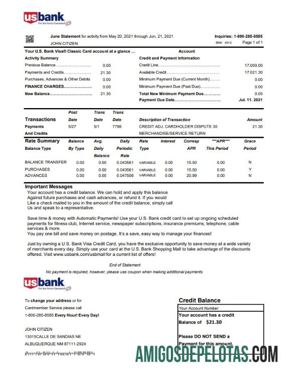 Modelo de extrato de cartão de crédito bancário dos EUA em branco em formato de arquivo Excel e PDF